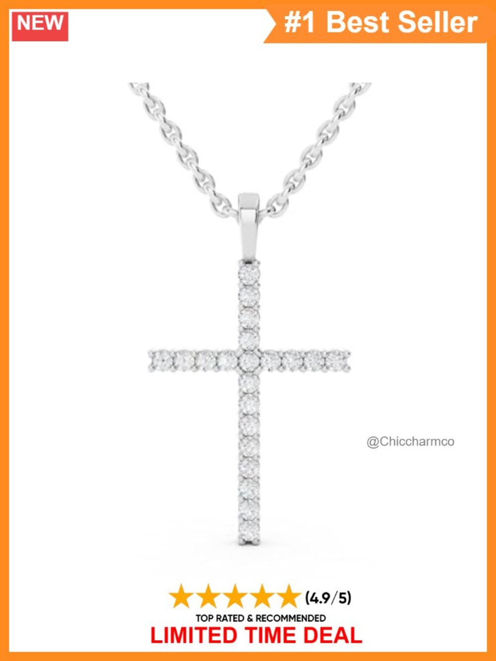 14K White Gold Natural Diamond Round Thin Cross Pendant Necklace